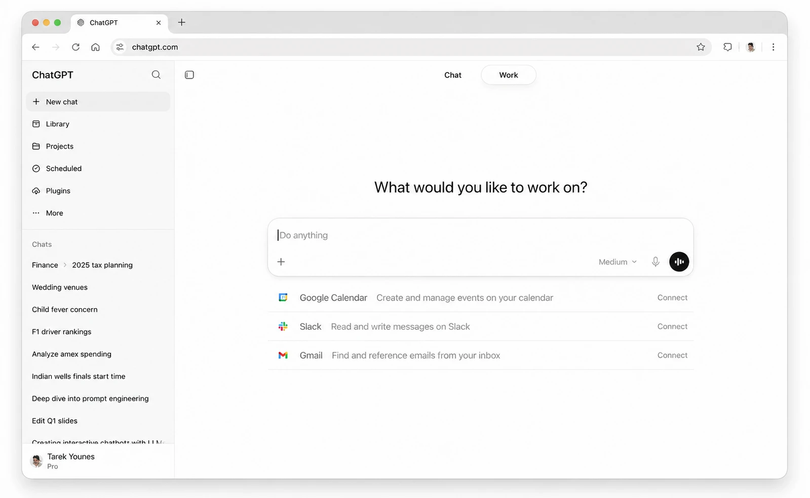 ChatGPT Work interface with connected applications