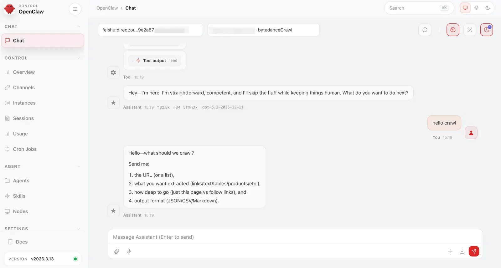 OpenClaw chat and agent control interface
