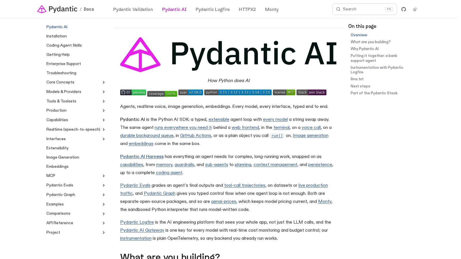 PydanticAI type-safe Python agent framework interface and documentation