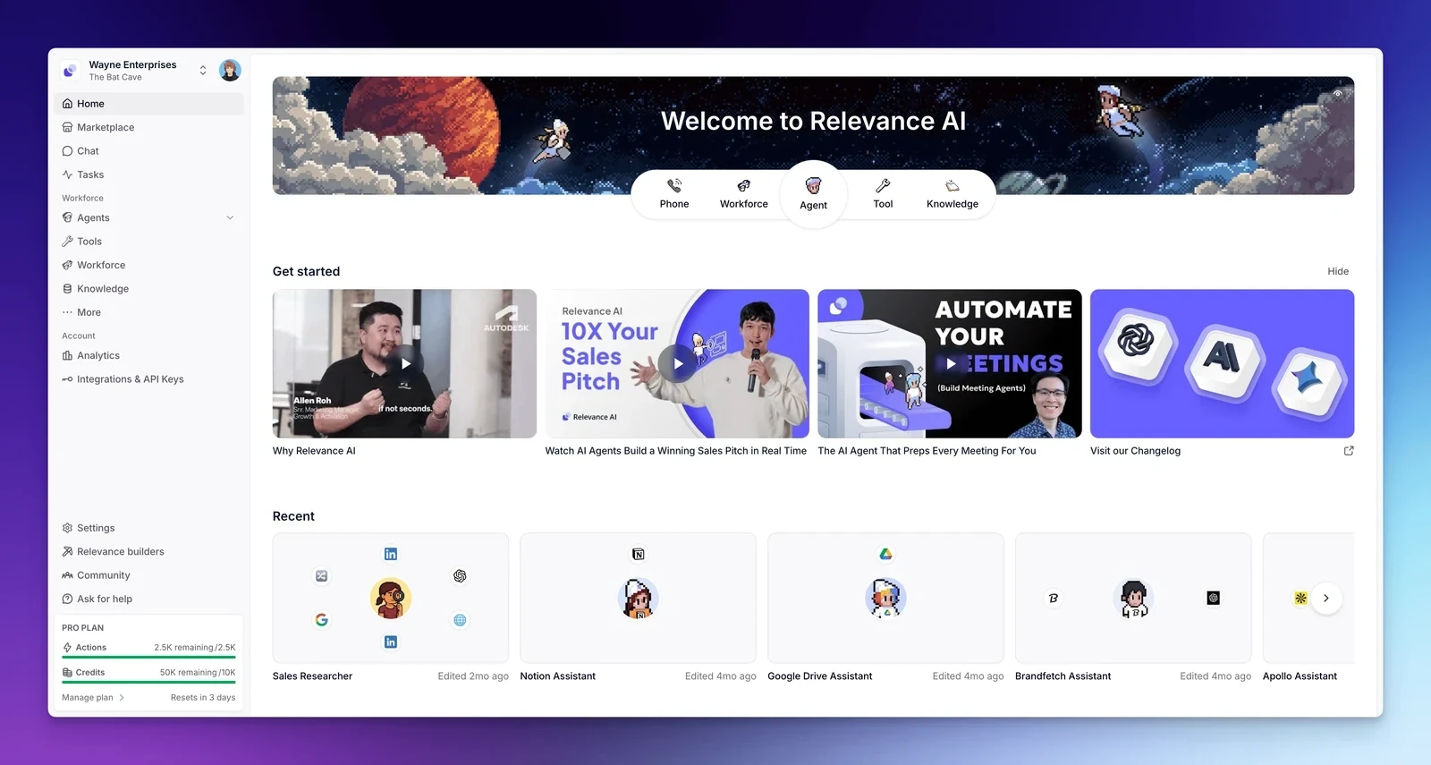 Relevance AI Workforce canvas showing multi-agent orchestration nodes and triggers