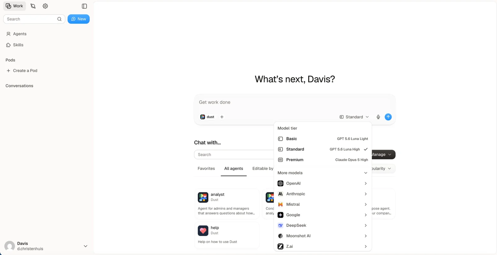 Dust workspace showing shared company agents, skills, spaces, and multi-model selection