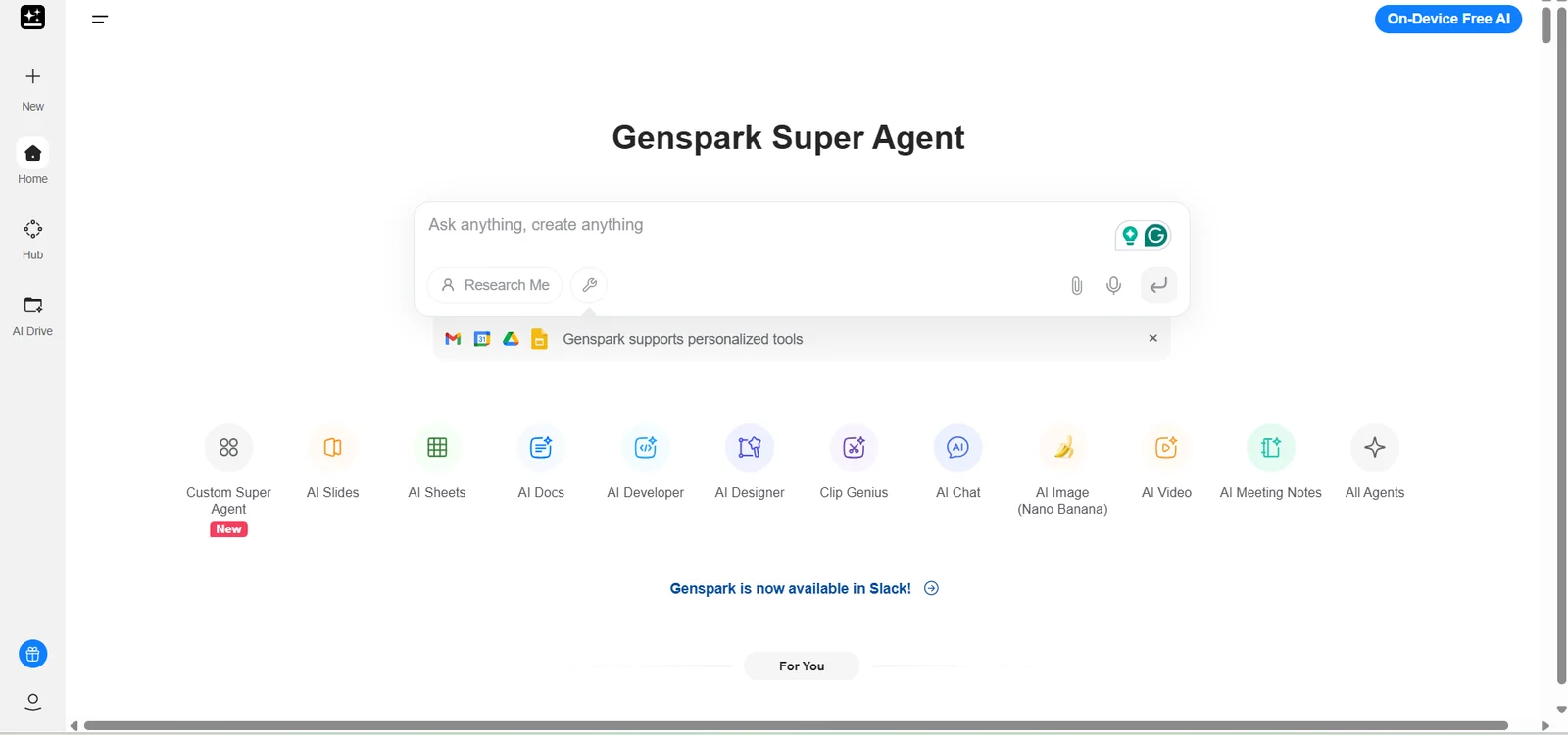 Genspark Super Agent workspace with AI Docs, AI Slides, AI Sheets, and multi-step research tools