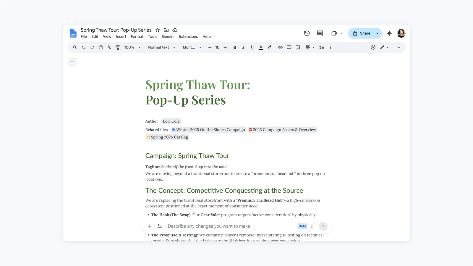 Google Docs with the Gemini side panel open alongside linked Google Drive campaign files