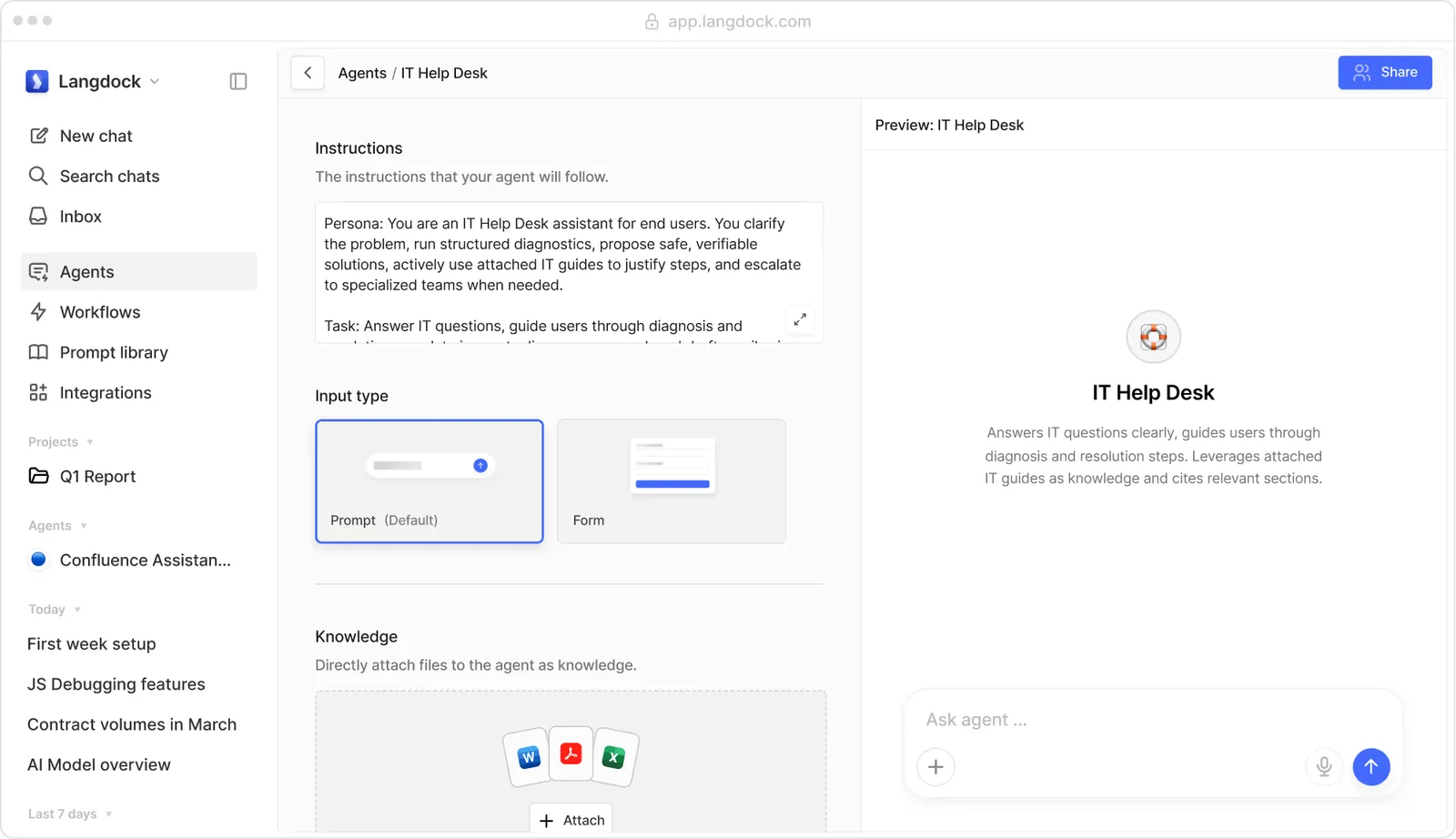Langdock workspace showing custom agent configuration, instructions, workflows, and integrations