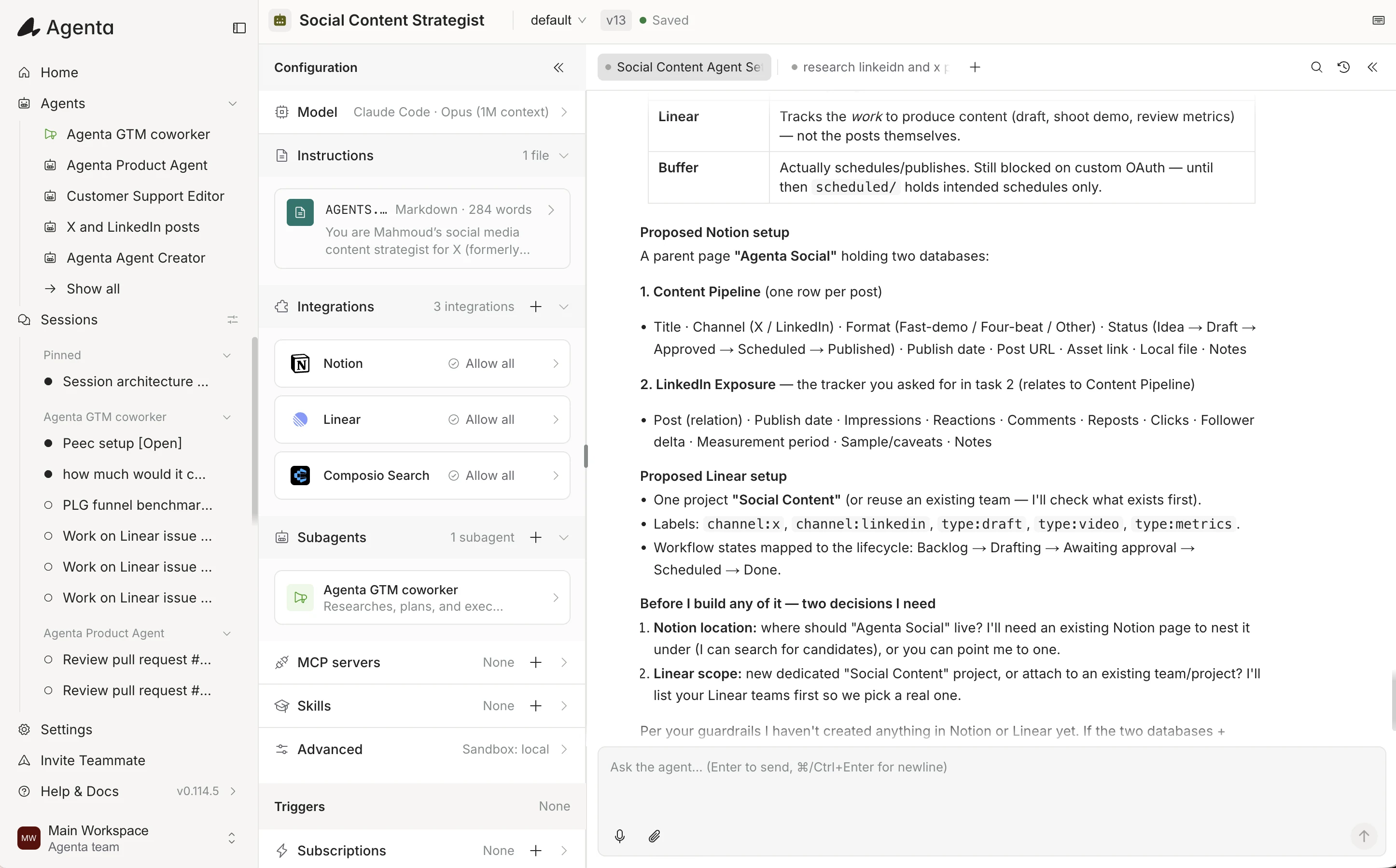 Agenta workspace showing a shared AI coworker, configuration, connected tools, sessions, and active work